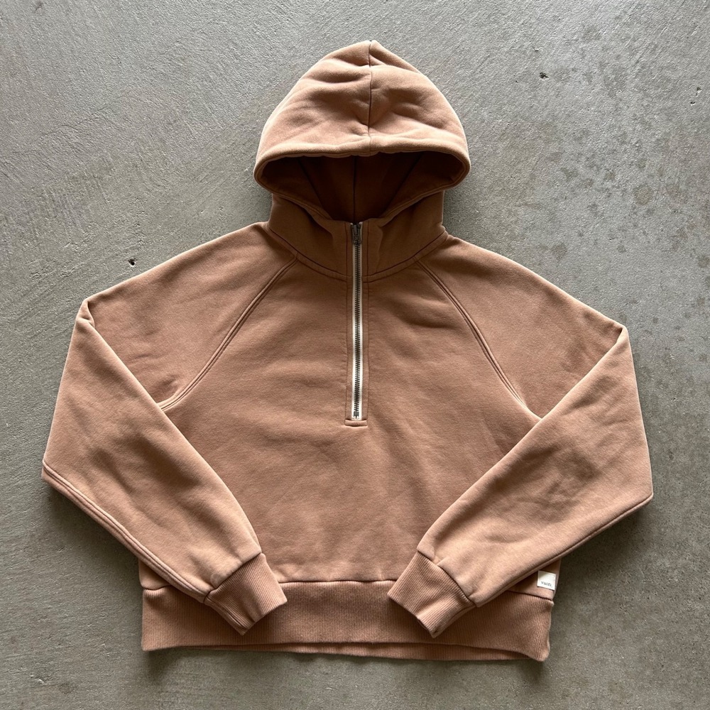 Vuori Restore Half-Zip Hoodie Womens Small Camel Tan Sweatshirt Organic Cotton